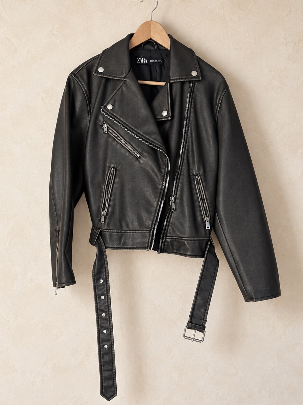 ZARA Black Faux Leather Moto Jacket with Belt